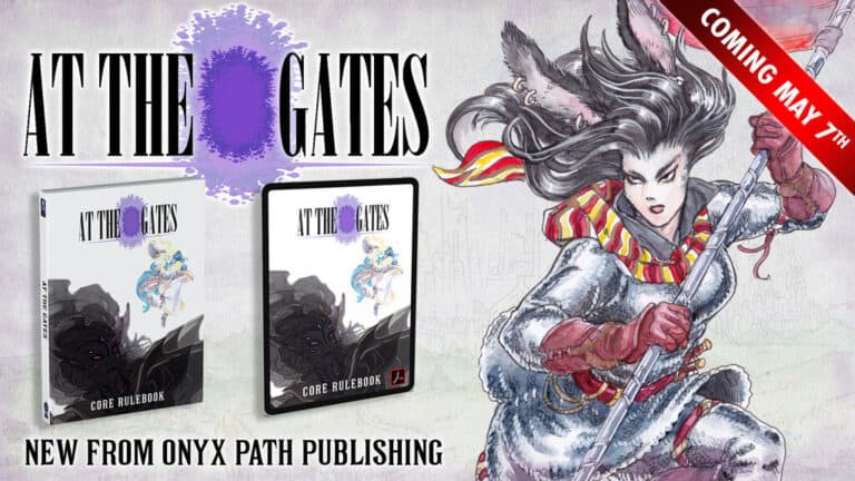 Cover image for "At the Gates" by Onyx Path Publishing features a rabbit-eared warrior in armor with a red-striped scarf, embodying epic fantasy. The sword-wielding figure is flanked by book covers on the left, with a "Coming May 7th" banner in the top right corner.