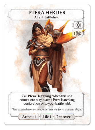 This fantasy card showcases "Ptera Herder," a woman in armor from The Siege of Lordswall, cradling a winged creature. As an "Ally" for the "Battlefield," her ability spawns a Ptera Hatchling. Stats: Attack 1, Life 1, Recover 1. Part of the immersive world of Ashes Reborn by Plaid Hat Games