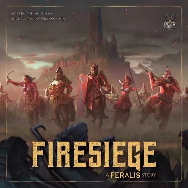 Fantasy game cover artwork for "Firesiege: A Feralis Story," showcasing armored warriors on horseback charging towards the viewer. The dynamic and intense scene, with strategic gameplay elements, highlights a medieval battle atmosphere against a castle backdrop. Perfect for Kickstarter funding appeal.