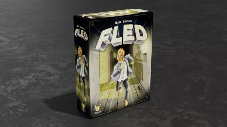 A board game box titled "Fled" featuring a cartoon illustration of a person nervously running down a corridor. This thrilling escape game captures themes of pursuit and adventure. Don't miss its launch on Kickstarter!