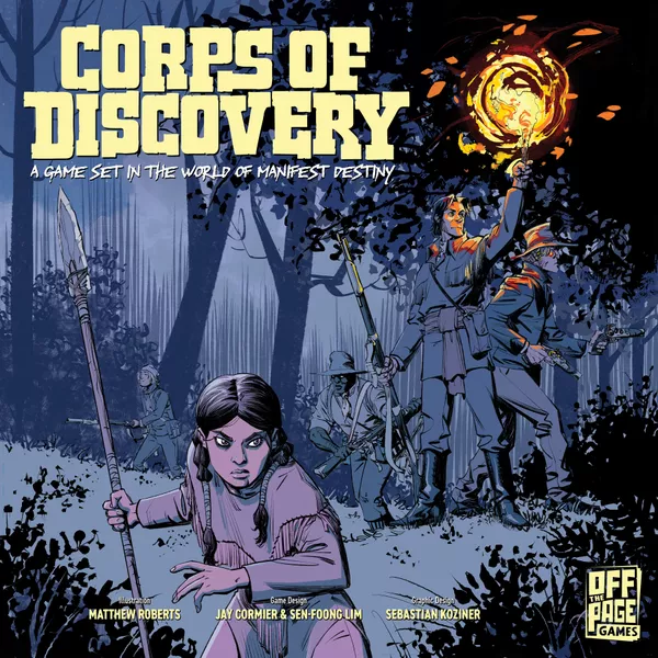 Comic-style game cover titled "Corps of Discovery" features explorers, including Lewis and Clark, in a shadowy forest. A man in the foreground holds a torch aloft while others are on horseback, and a determined young girl stands prominently, ever wary of lurking monsters.