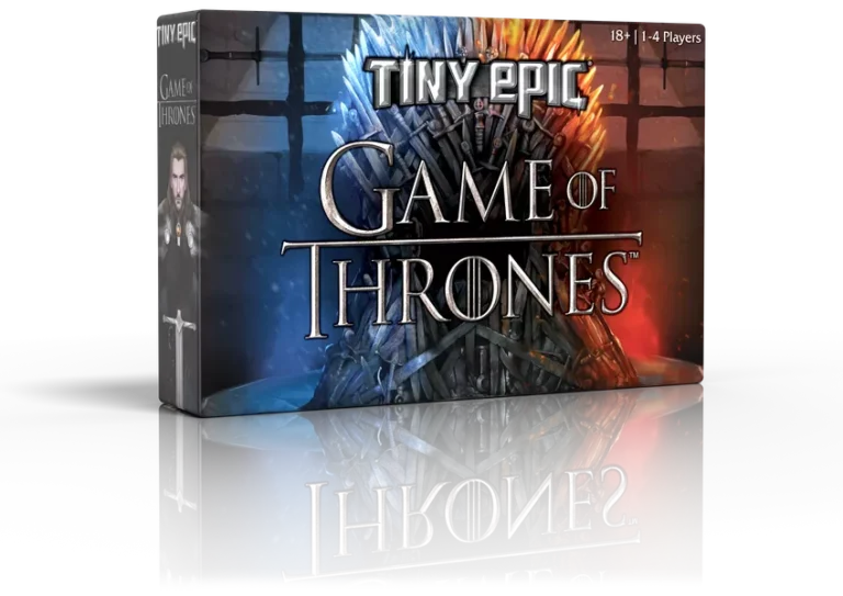 Box for the board game "Tiny Epic Game of Thrones," featuring an image of the iconic Iron Throne. The box is split into blue and red sections with the title prominently displayed. Ideal for 1-4 players, ages 18 and up, this Kickstarter favorite invites you to rule Westeros.