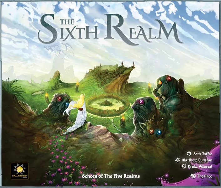 A fantasy-themed board game cover titled "The Sixth Realm" showcases a lush landscape where two robed figures stand before an ancient stone portal adorned with colorful gems. The sky, filled with clouds and mystical light, hints at the epic adventure that awaits as part of its Kickstarter goal milestones.