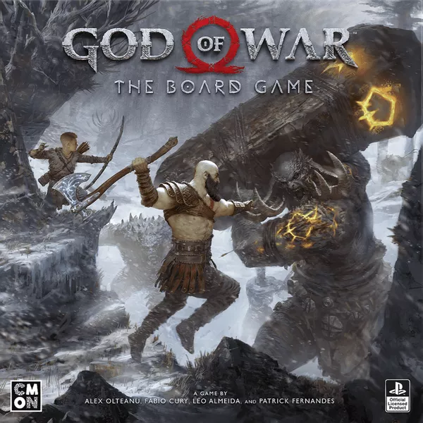 Cover art for "God of War: The Board Game" showcases a snowy, mountainous battle scene. A warrior with an axe confronts a giant creature while another character targets a beast nearby. Gamefound logo and creator names are prominently displayed, enhancing the epic atmosphere.