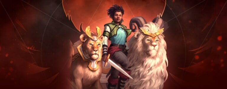 A dark-skinned character with short hair stands confidently holding a sword, flanked by two majestic lions with golden crowns. The reddish hue in the background evokes the mystical atmosphere of an expansion for The Siege of Lordswall by Plaid Hat Games.