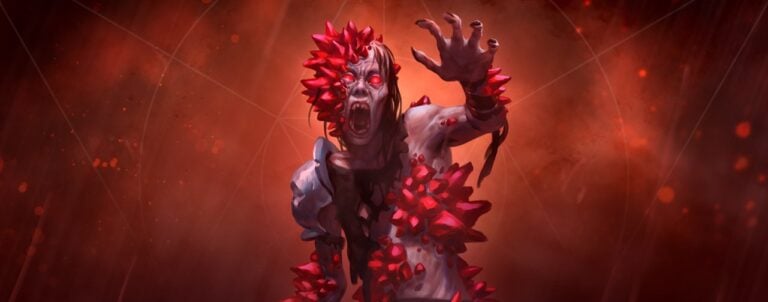 A terrifying creature with glowing red eyes is covered in jagged red crystals, reaching out with an extended hand. It looms ominously against a dark, foggy background, as if emerging from the Siege of Lordswall, spreading horror and menace like ashes reborn.