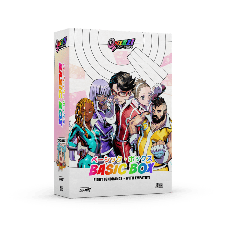 A colorful box by Japanime Games features five animated characters in dynamic poses, with stylized text reading "QUEERZ! Basic Box" and "Fight Ignorance - With Empathy!" in English and Japanese, set to inspire starting May 1st.