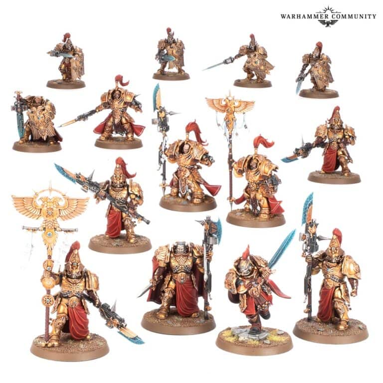 A collection of intricately painted Warhammer 40 miniatures depicting armored warriors with red capes, holding swords and staffs. Set on round bases with dynamic poses, they showcase detailed gold and red armor with blue accents. Perfect for those facing a pre-order dilemma.