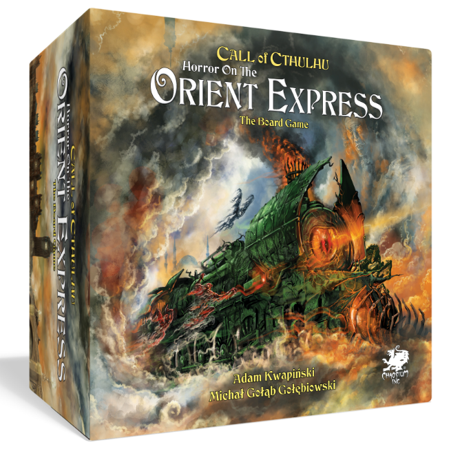 Box cover art for the "Call of Cthulhu: Horror on the Orient Express" board game showcases a fiery, supernatural train emerging from smoke and darkness, encapsulating Lovecraftian horror. Below the title, names Adam Kwapiński and Michał Gołębiowski are displayed.