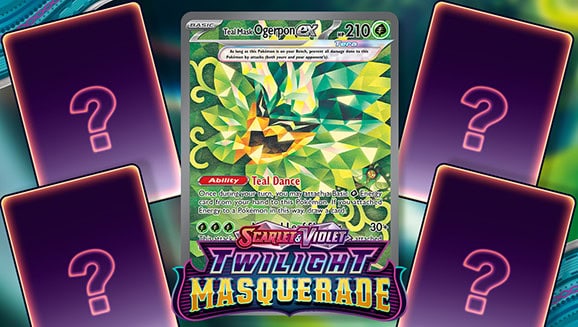 A colorful trading card featuring "Teal Mask Ogrepon ex" boasts a vivid green and yellow geometric background. The card is flanked by four mystery cards, while the words "Scarlet & Violet Twilight Masquerade" shine below, highlighting its inclusion in the captivating Pokémon TCG expansion.