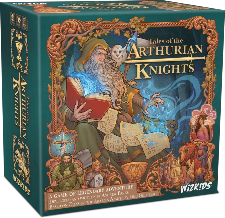 The box cover of "Tales of the Arthurian Knights" by WizKids showcases a wizard with a staff, an open book, maps, and a knight's helmet. Illustrations of knights, a dragon, and a castle in the background evoke a medieval fantasy theme. Pre-orders now open for this enchanting adventure game!