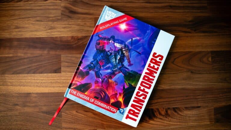 Cover of the "Transformers RPG" sourcebook titled "The Enigma of Combination." It showcases a robotic character in vibrant colors against a wooden surface.