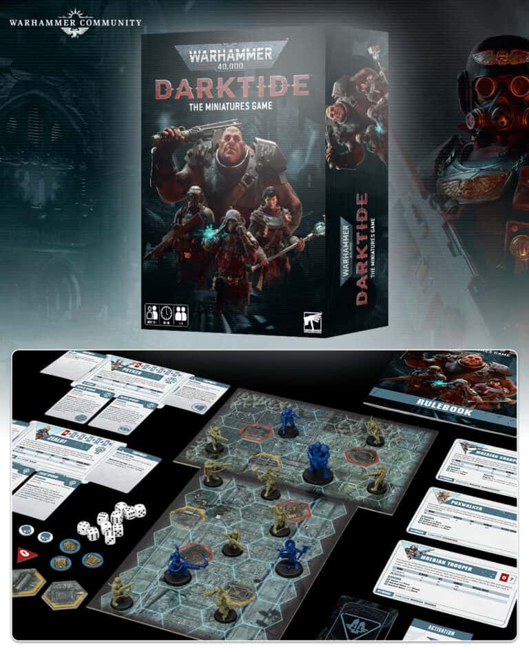 A promotional image for Warhammer 40,000: Darktide The Miniatures Game showcases the game box, various components such as cards, dice, and miniatures on a detailed board, along with the rulebook. The theme is dark and futuristic.