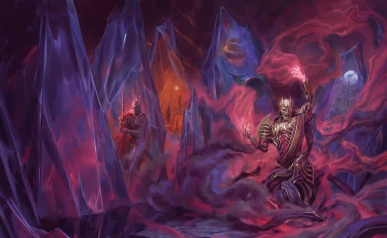 In a dark, mystical scene reminiscent of a Dungeons & Dragons adventure, two skeletal figures in ornate armor stand surrounded by swirling red and purple ethereal energy. Glowing crystals rise from the ground beneath a ghostly, moonlit sky, adding to the eerie atmosphere of this multiverse realm.