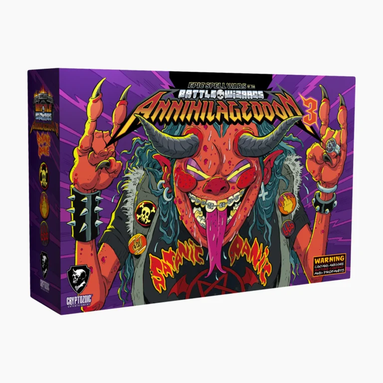 Box art for "Battle Wizards: Annihilageddon 3" showcases a cartoon demon with red skin, horns, and outstretched arms against a purple backdrop. The demon, echoing the chaos of a satanic panic, wears colorful accessories and gestures with a rock 'n' roll hand sign.