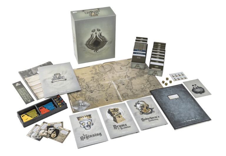 A captivating tabletop game set, "7th Citadel," features a map, cards, booklets, dice, and game pieces spread around a central board. The impressive box displays its title and artwork. Launching in June on Kickstarter, this adventure invites players to explore endless possibilities.