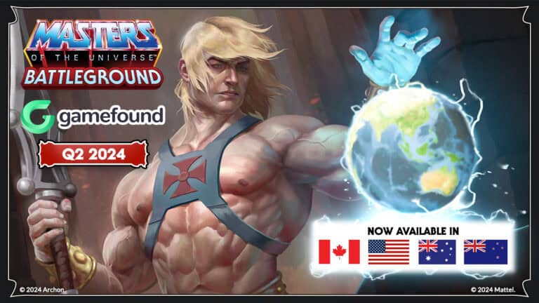 A muscular character from "Masters of the Universe: Battleground" holds a glowing globe. The game is set to release on Gamefound in Q2 2024, with availability in Canada, USA, Australia, and New Zealand.