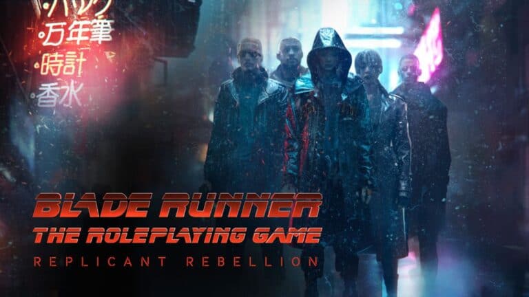 A group of six figures clad in futuristic, dark attire stands poised in a rainy, neon-lit cityscape. Text reads, "Blade Runner RPG: Replicant Rebellion," in stylized red lettering. Japanese characters grace the left, heralding Free League Publishing's latest tale of intrigue and identity.