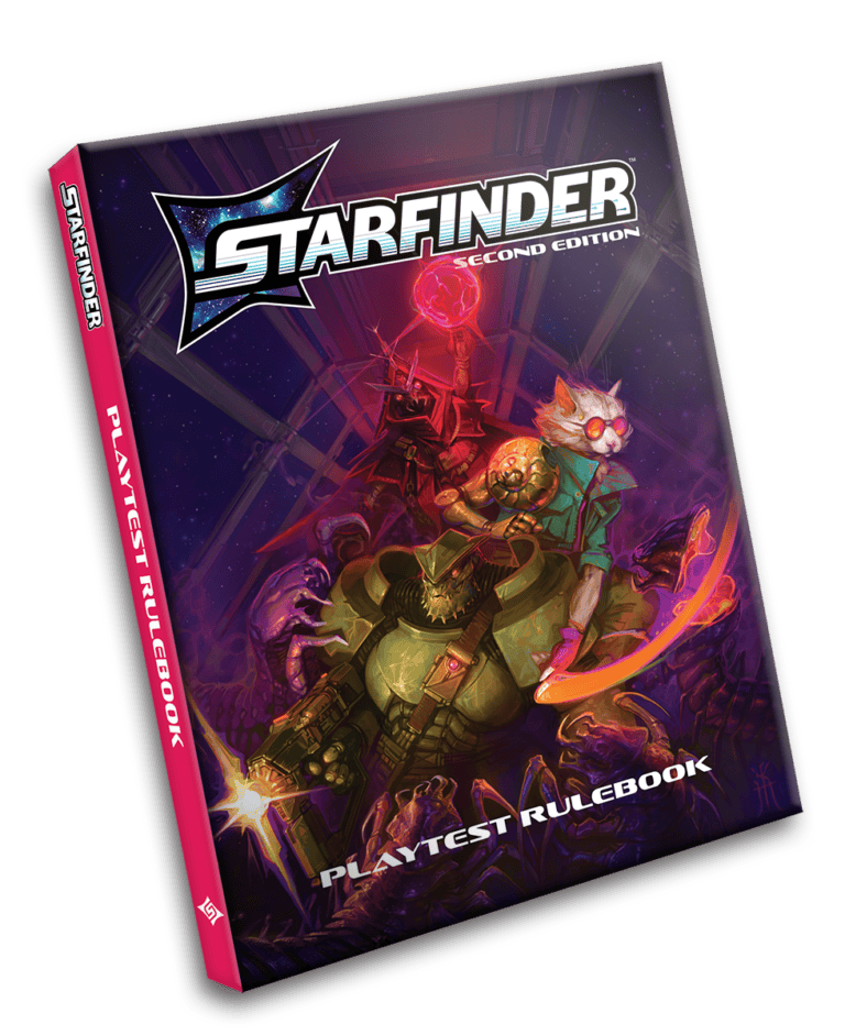 Cover of the "Starfinder Second Edition Playtest Rulebook," showcased at PaizoCon 2024, featuring futuristic characters in combat poses against a vibrant cosmic backdrop. The title and edition are prominently displayed, capturing the essence of this highly anticipated release.