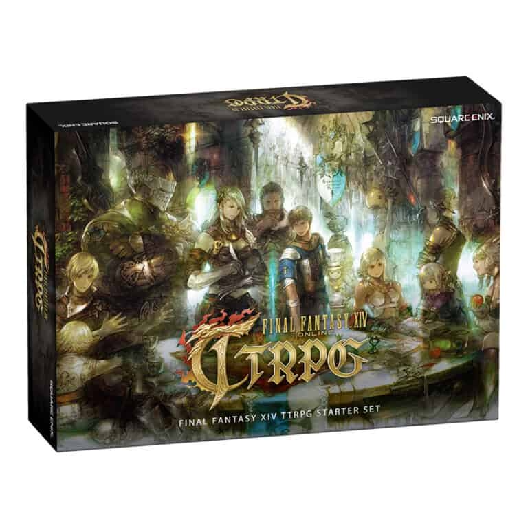 Box of "Final Fantasy XIV Online TTRPG Starter Set" featuring illustrated characters in a vibrant fantasy setting. Adventurers are gathered around a table, surrounded by magical and medieval elements, with the Square Enix logo proudly displayed—a perfect choice for early reprint collectors.