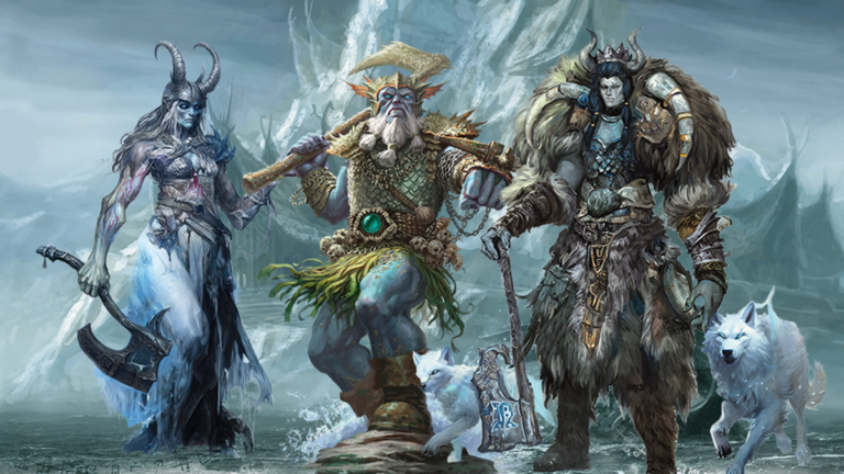 In a fantasy scene crafted with AI Art, three mystical warriors stand poised. A female figure grips an axe, while a bearded man wields a staff at the center, reminiscent of Wizards of the Coast designs. A helmeted warrior is flanked by white wolves beneath an icy, storm-laden sky.