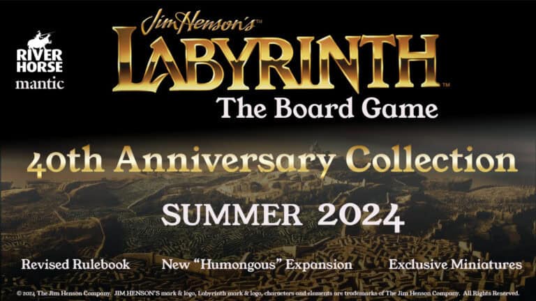 Promotional image for "Jim Henson's Labyrinth: The Board Game 40th Anniversary Collection." Launching Summer 2024, it includes a revised rulebook, the new 'Humongous' expansion, and exclusive miniatures. Background is a mesmerizing maze. Available on Gamefound soon! 