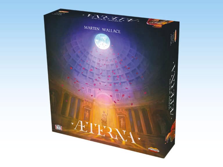 Box of the board game "Aeterna" by Martin Wallace, featuring artwork of a domed structure reminiscent of Ancient Rome, with a glowing moon and scattered red petals. The scene is illuminated warmly, creating an atmospheric effect.
