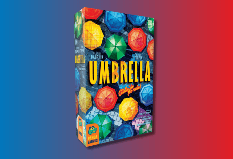 The image showcases the board game box "Umbrella," set to be an August release by Pandasaurus Games. Adorned with colorful umbrellas on the cover, it features designs by Flavien Delaporte and Tony Boeuf against a striking blue-to-red gradient background.