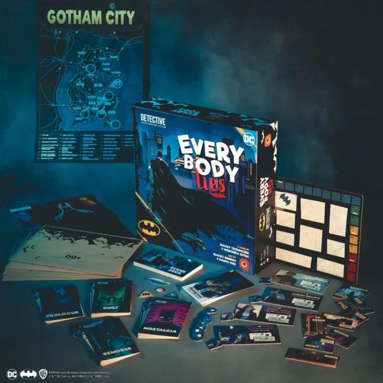 Board game titled "Detective: Everybody Lies" featuring a Gotham City map, cards, and various game components. With Batman elements and a moody atmosphere, get it before the licensing expiry impacts availability in this comic book-style detective mystery.