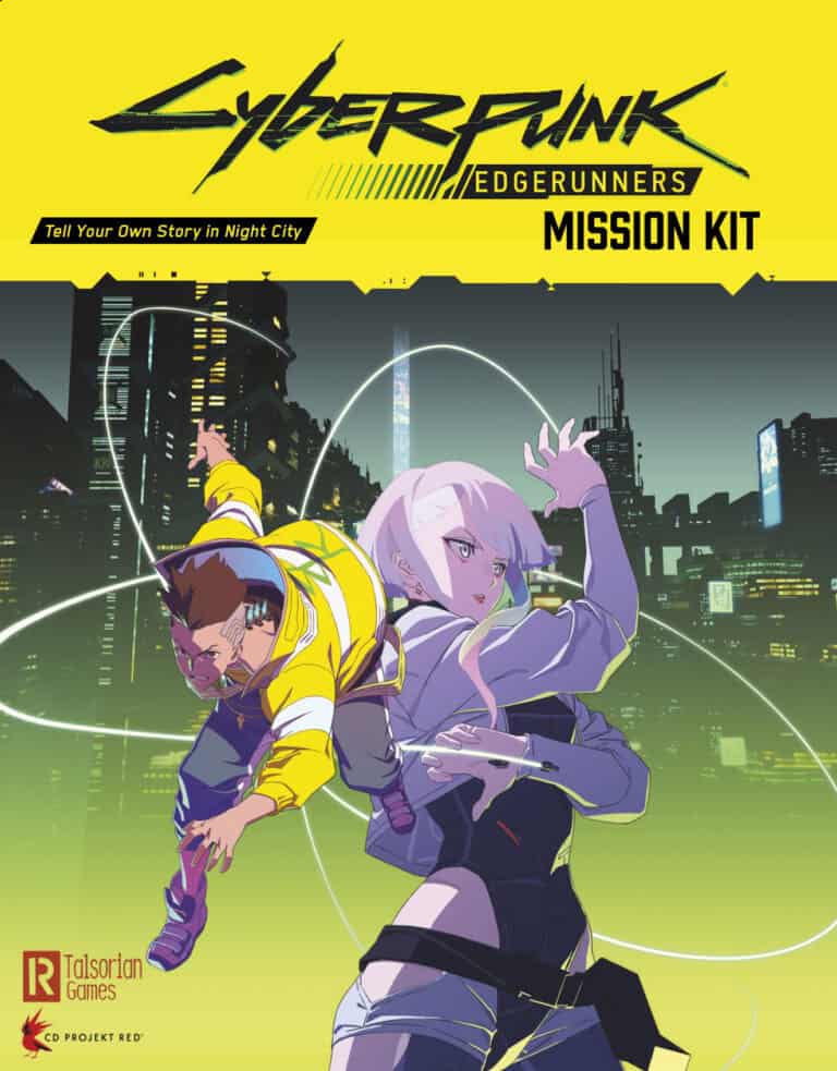 The cover of the "Cyberpunk Edgerunners Mission Kit" showcases two animated characters in dynamic poses. One, in a yellow jacket, leaps forward; the other, with lavender hair, stands against a vibrant cityscape backdrop. The title boldly crowns the design.