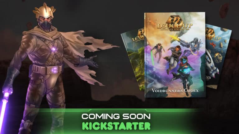 A futuristic character with a glowing purple sword and mask stands poised beside three books titled "Level Up" and "Voidrunner's Codex." Set against the backdrop of deep space, text at the bottom reads "Coming Soon Kickstarter" on a green background.