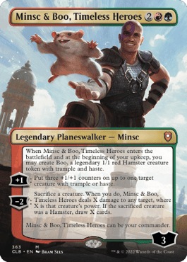 This Magic: The Gathering card from the 50th Anniversary Edition features "Minsc & Boo, Timeless Heroes." With a warrior and his hamster companion, this Legendary Planeswalker card boasts abilities honed in the Battle for Baldur's Gate. It requires a cost of 2 colorless, 2 red, and 1 green mana.