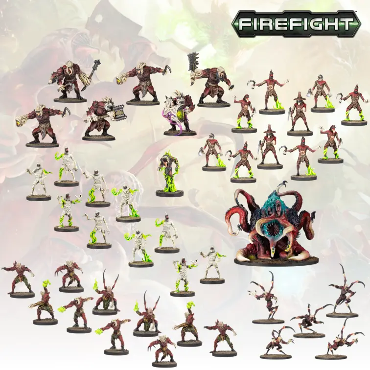 Discover the Mantic Games collection of miniature alien figures from "Firefight," showcasing Nightstalker Miniatures with intricate details. These creatures, armed with weapons and armor, include tentacled beings and green-slime accents. A larger alien monster is prominently displayed at the bottom. Pre-order now!