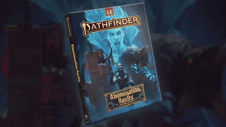Cover of "Pathfinder: Abomination Vaults" for 5E. Features a ghostly figure looming above adventurers. The artwork, crafted by Paizo, is predominantly blue with a dramatic fantasy theme, capturing the essence of epic adventures one might explore at PaizoCon 2024.