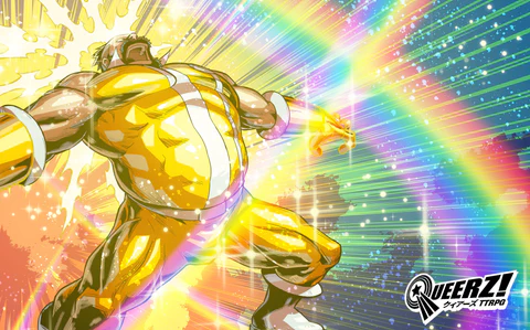 A muscular animated character in a yellow outfit stands triumphantly with arms outstretched against a background of colorful, radiant energy and rainbows. Exuding power and diversity, this vibrant scene celebrates the spirit of Pride Month. Logo in the bottom right corner.