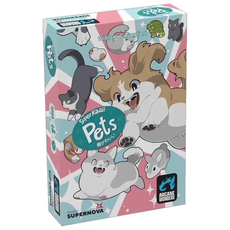 The image depicts the vibrant box for the newly launched game "Super Kawaii Pets" by William Cavaglieri. It showcases adorable cartoon animals such as a corgi, cat, hamster, bunny, and turtle on a pastel backdrop adorned with stars and the Arcane Wonders logo.