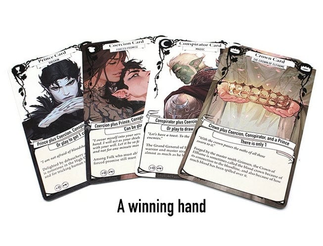 Four fantasy-themed game cards are spread out, showcasing enchanting illustrations of characters and a crown. Amidst this captivating tableau, the text "A winning hand" proclaims its presence, capturing the essence of the Folk of the Air in this Enemies & Lovers Card Game—truly a Kickstarter goal surpassed.