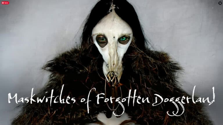 A figure wearing a long-haired headdress and an animal skull mask with green eyes stands against a gray background. Text on the image reads “Maskwitches of Forgotten Doggerland: Redux Edition.”