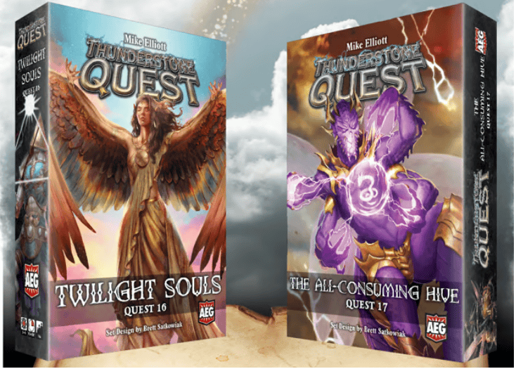Two board game boxes from the Thunderstone Quest series capture attention. The left box, "Twilight Souls," features an angelic figure with wings, while the right, "The All-Consuming Hive," showcases a powerful creature with purple energy. Both boxes proudly display the AEG logo, enticing fans of this captivating saga.