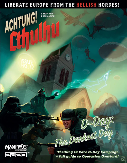 The "Achtung! Cthulhu" comic book cover showcases paratroopers descending into a village under a nightmarish alien symbol in the sky. A soldier with a glowing helmet stands boldly in the foreground. Above, "D-Day: The Darkest Day" commands, “Liberate Europe from the Hellish Hordes!”