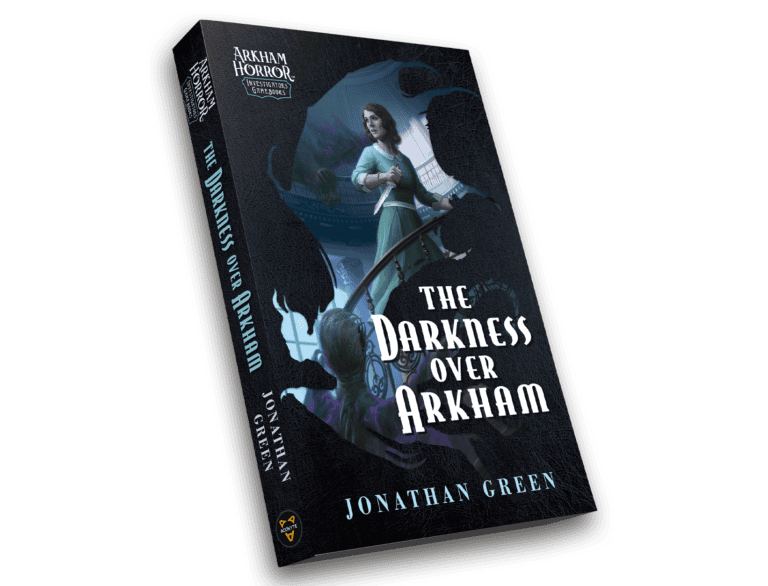 A 3D rendering of the gamebook "The Darkness Over Arkham" by Jonathan Green. The cover showcases a silhouetted figure amidst a mysterious scene with a woman holding a lantern, set in a dark, foggy environment. Prepare for its much-anticipated launch into this enigmatic world.