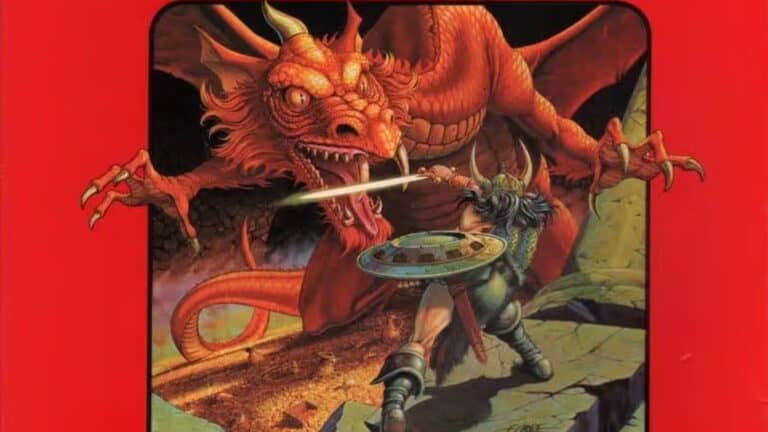 A gender-swapped warrior in armor and helmet clashes with a fierce red dragon, wielding a glowing sword and shield. The dragon's large eyes and sharp claws are framed against a rocky, fiery backdrop with a bold red border, reminiscent of classic Wizards of the Coast imagery.
