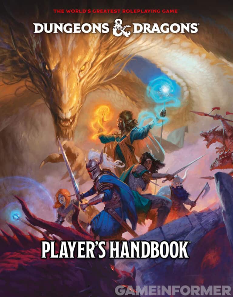 In a stunning Dungeons & Dragons scene, a group of fantasy warriors confronts a massive dragon. They wield magic and weapons amidst glowing orbs, fierce expressions set against a dramatic fiery backdrop—an homage to the game's legacy as we celebrate its 50th Anniversary Editions.
