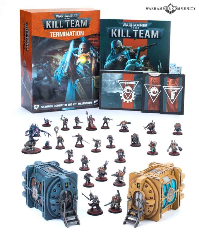 A collection of Warhammer Kill Team miniatures and components, featuring two squads, terrain features, dice, and cards. The "Kill Team: Termination" box set looms in the background while detailed soldier figures assemble up front. Among them stands the fierce Lelith Hesperax.