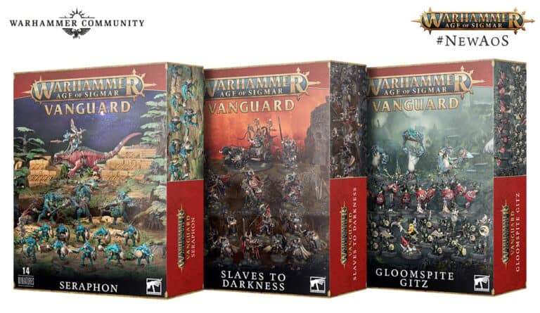 Image of three Warhammer Age of Sigmar Vanguard boxes, perfect for your next game mode. From left to right: Seraphon, Slaves to Darkness, and Gloomspite Gitz. Each box boasts miniatures with a distinct theme and color scheme, ready to spearhead your tabletop battles.