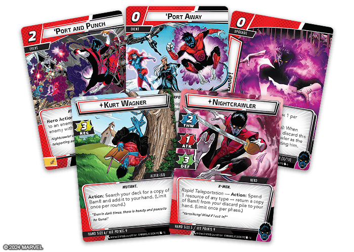 Explore the Marvel Champions Hero Pack, showcasing a collection of Marvel-themed card game cards. With vibrant illustrations, these cards highlight characters like Nightcrawler and their superpowers, featuring detailed game stats such as power, defense, and special abilities.