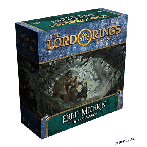 Box of "The Lord of the Rings: The Card Game" - Ered Mithrin Hero Expansion, featuring artwork of adventurers in a dark, mysterious forest. The upper part beautifully showcases the fantasy-themed game title.