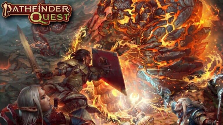 Fantasy illustration of adventurers in a cooperative board game setting, battling a fiery, rock-like monster. A warrior with sword and shield defends against the creature, while others wield magic. "Pathfinder Quest: Paizo Edition" is written in the top left corner.