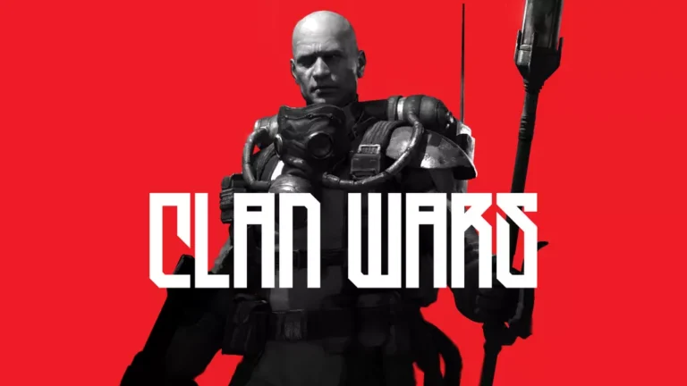 A bald, armored soldier gripping a staff stands tall against a vivid red backdrop. "CLAN WARS" is boldly emblazoned in stylized text, reminiscent of Degenesis artwork, capturing the intensity and strategy synonymous with Gamefound campaigns.