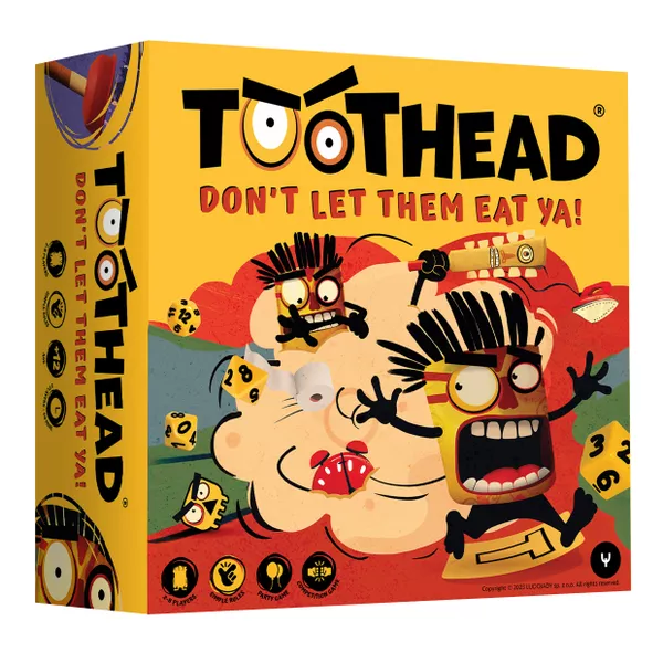 Box art for "Toothead: Don't Let Them Eat Ya!" portrays cartoonish characters with big eyes and exaggerated expressions. Set against a colorful backdrop inspired by a polluted island, it features splashes of red, yellow, and teal with dice and playful graphics. Perfect for its upcoming Kickstarter launch.